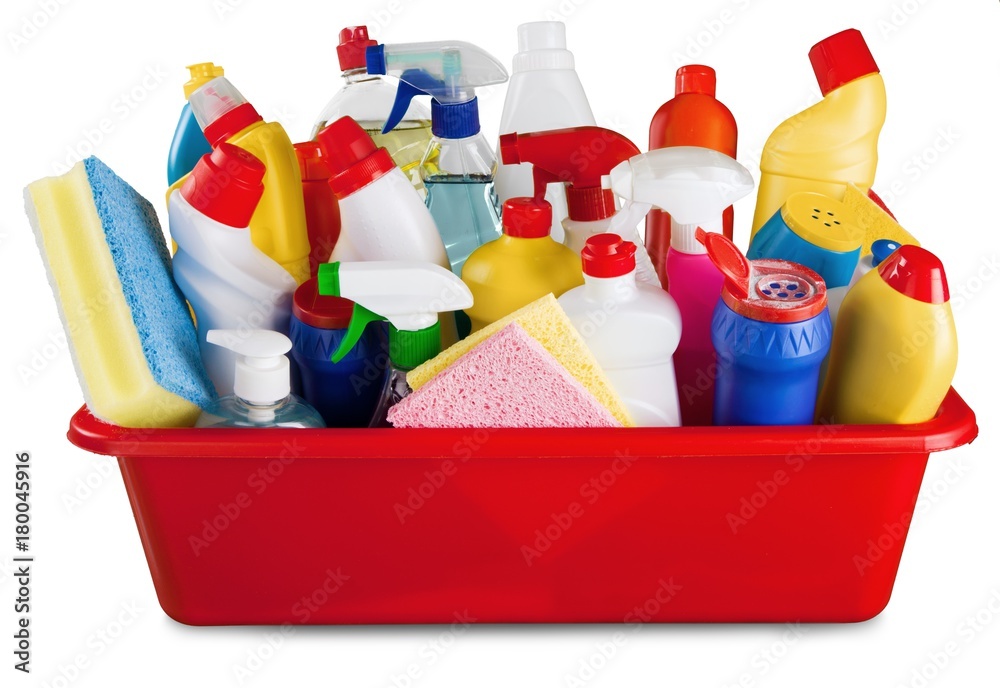 Cleaning Products and Supplies in Basket  - Isolated