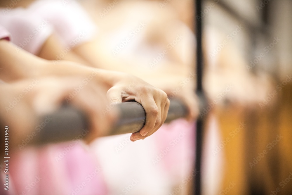 Closeup of Young Ballet Dancers Holding a Ballet Barre