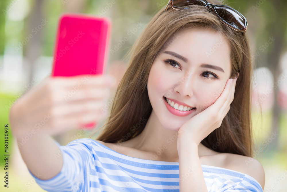 woman selfie happily