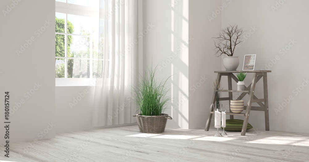 White empty room with summer landscape in window. Scandinavian interior design. 3D illustration