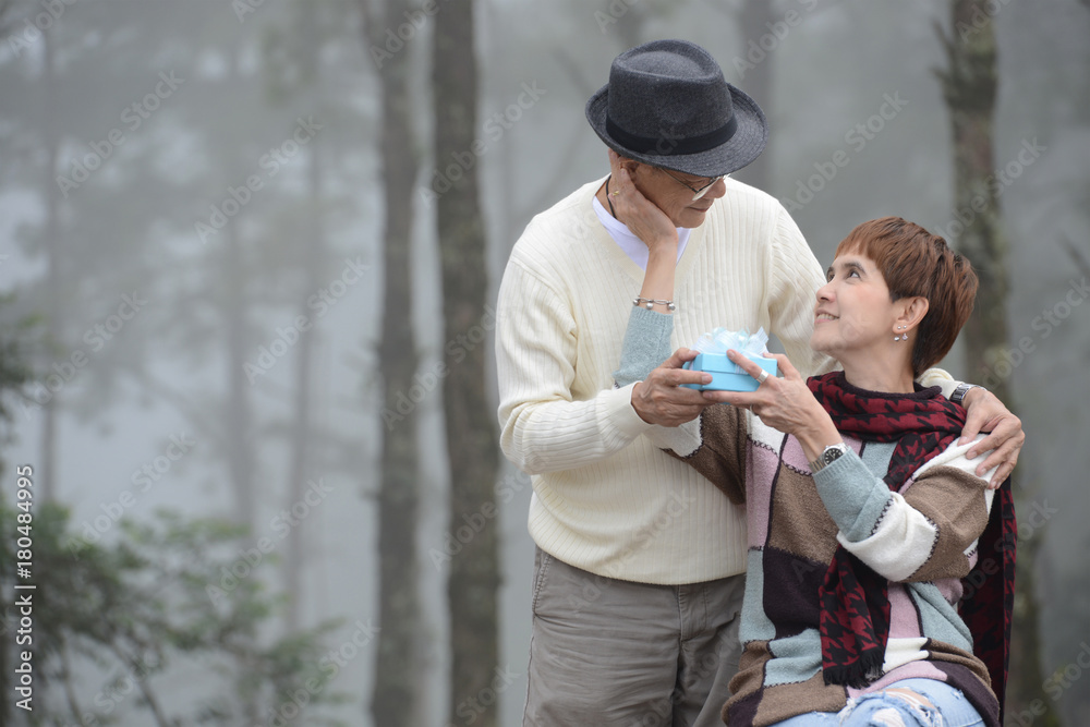 快乐的老年人用户外礼物给妻子惊喜