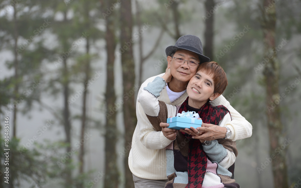 快乐的老年人用户外礼物给妻子惊喜