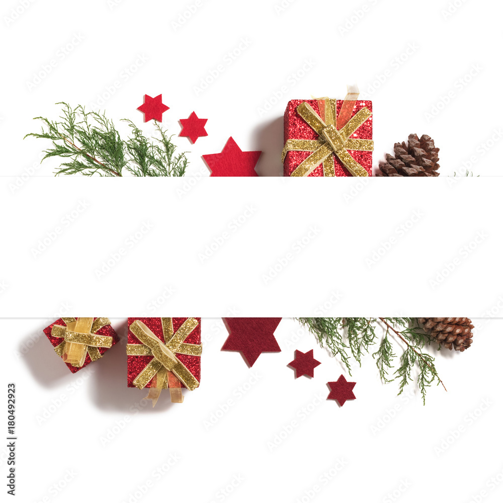 Creative Christmas layout made of christmas winter decoration. Flat lay. New Year concept.