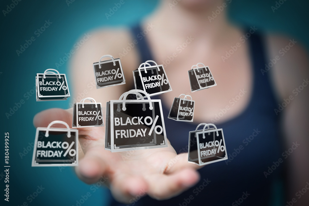 Businesswoman enjoying black Friday sales 3D rendering