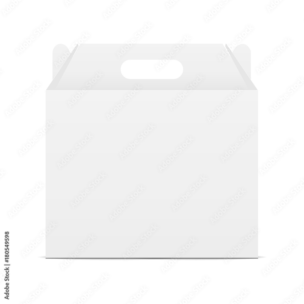 Paper сarton box with handle - front view. Present your design on this sample. Vector illustration