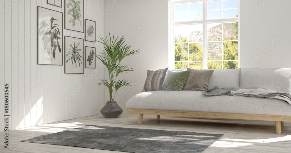 Idea of white room with sofa and summer landscape in window. Scandinavian interior design. 3D illust