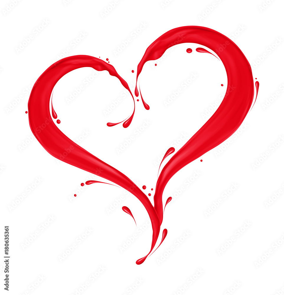 Splash of red paint in the shape of a heart isolated on white background