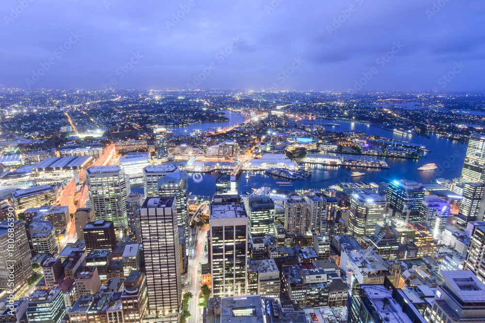 SYDNEY, AUSTRALIA. – On October 10, 2017 –The city view of sydney at night from sydney tower