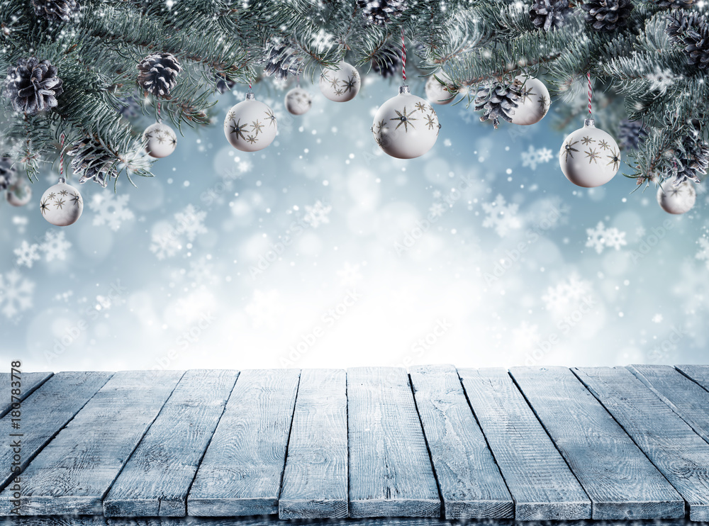 Christmas background with fir tree branches and empty vintage wooden planks