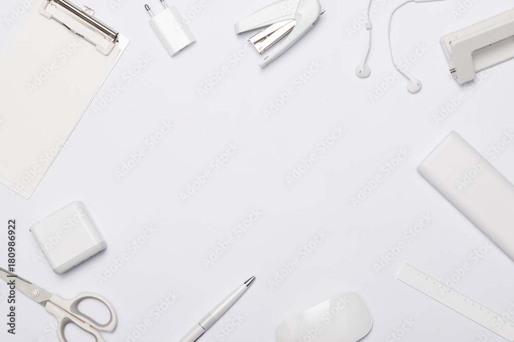 Office supplies composition on white background. Flat lay, top view.