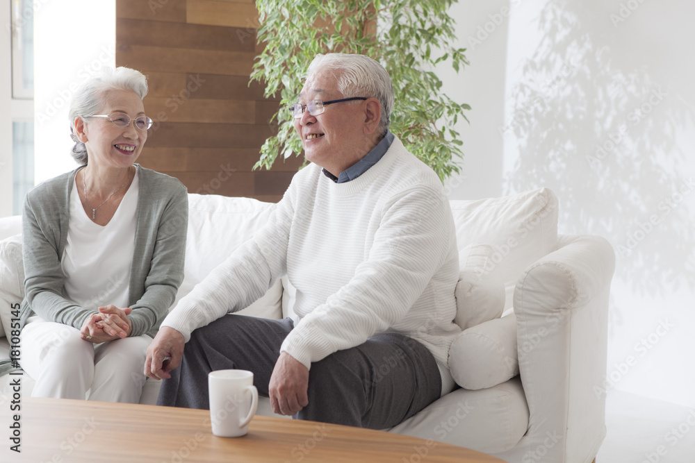 An old couple is talking on a sofa as they get along