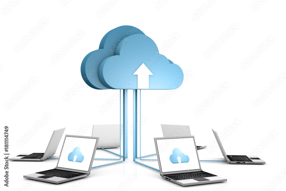 3d data cloud and laptops on white