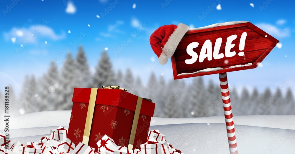 Sale text and gifts with Wooden signpost in Christmas Winter