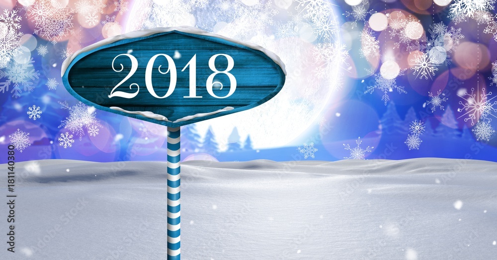 2018 New Year text on Wooden signpost in Christmas Winter