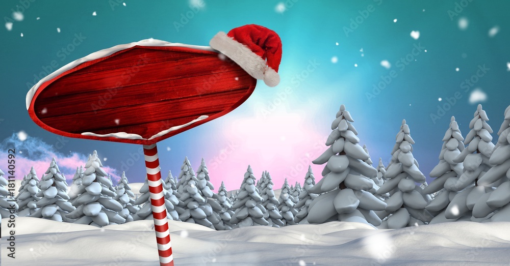 Wooden signpost in Christmas Winter landscape and Santa hat