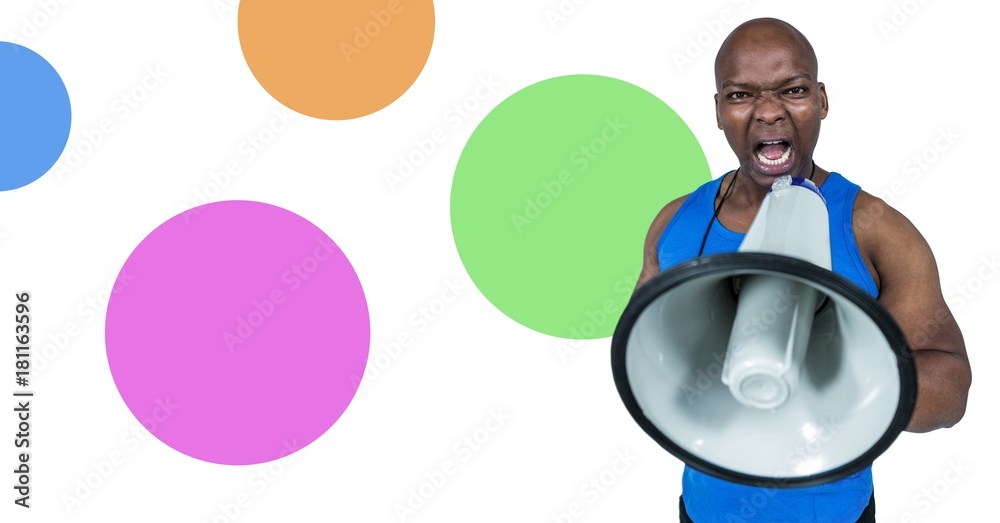 Fitness trainer man with minimal shapes with megaphone