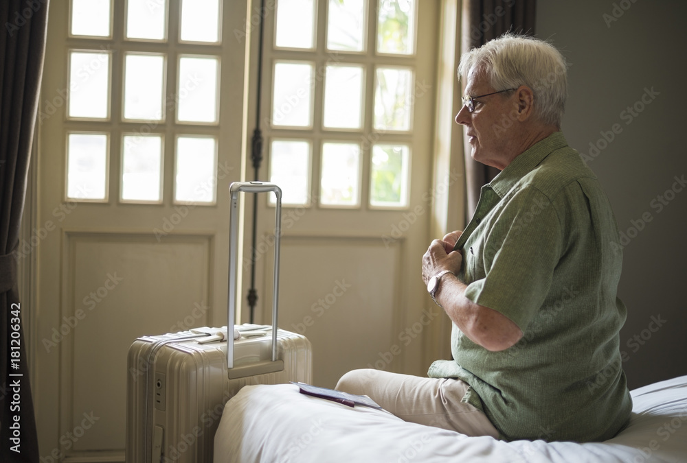 Senior Man Packing Luggage Trip Travel