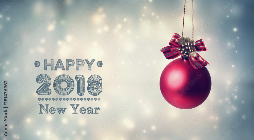 Happy New Year 2018 message with a hanging bauble ornament