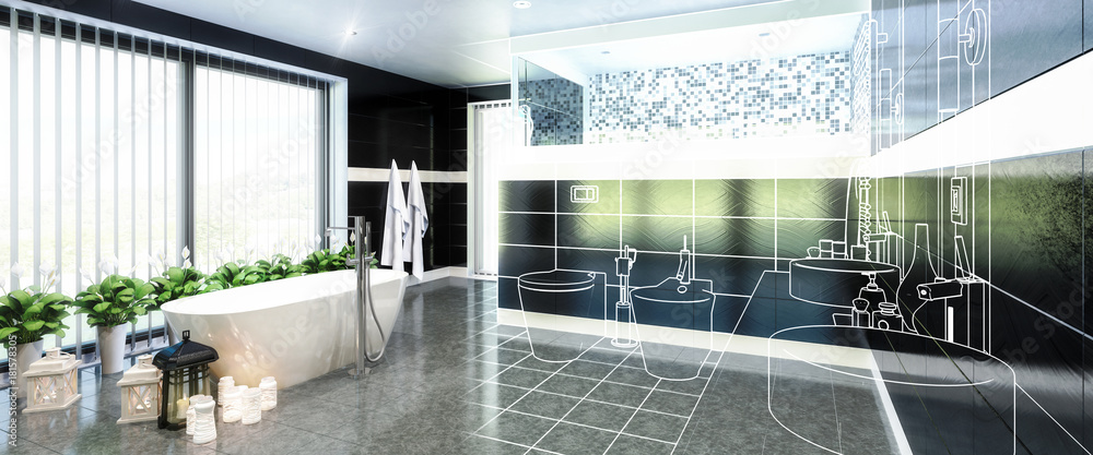 Luxurious Bathroom Furnishing in Project (panoramic)