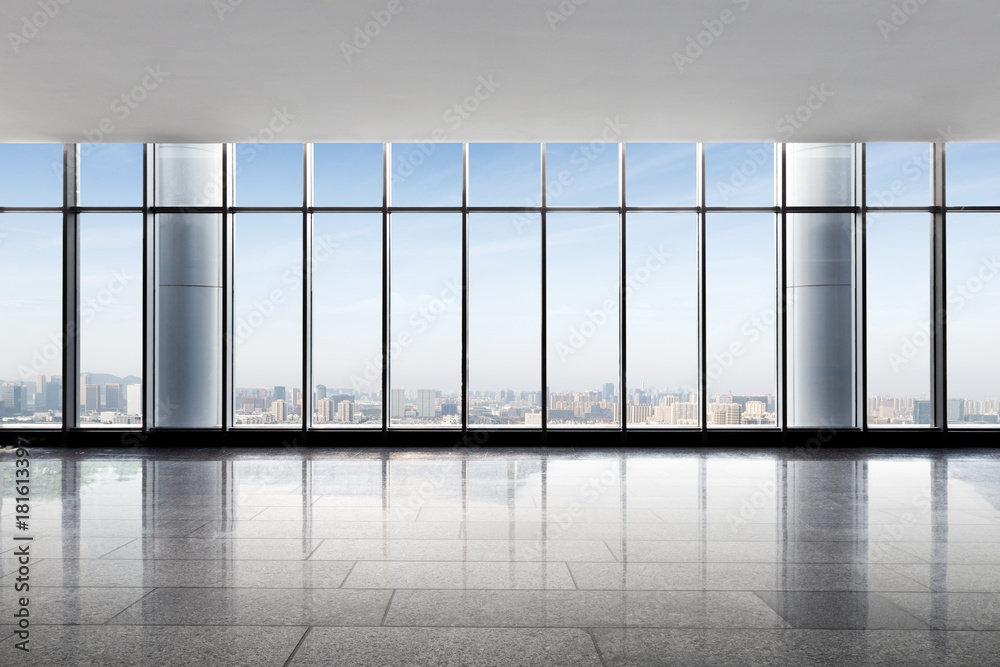 empty office with modern cityscape in foggy day