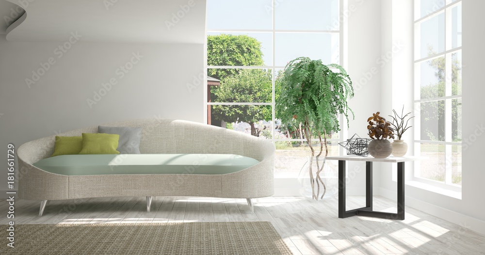 Idea of white room with sofa and summer landscape in window. Scandinavian interior design. 3D illust