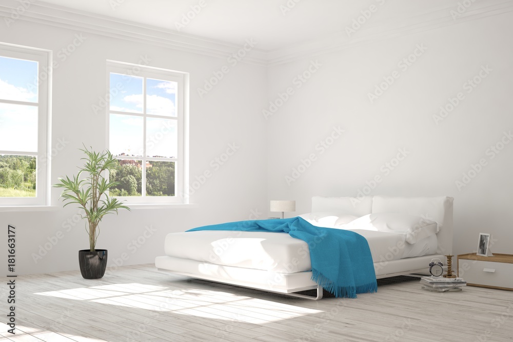 Inspiration of white minimalist  bedroom with summer landscape in window. Scandinavian interior desi