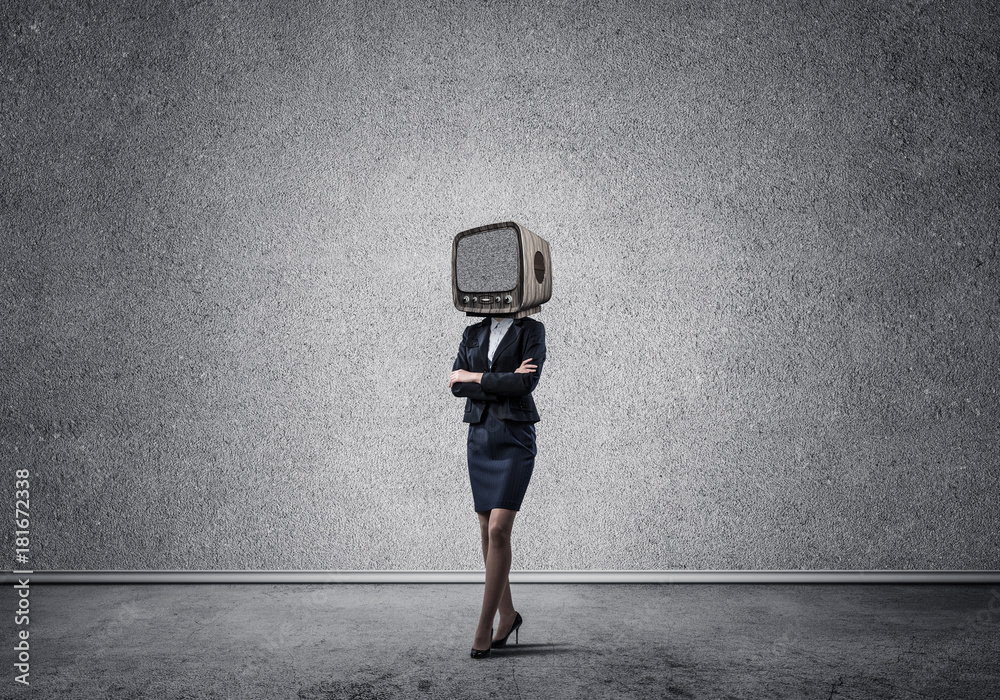 Business woman with an old TV instead of head.