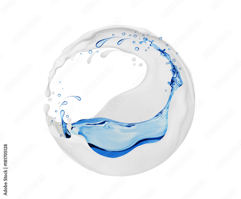 Cream and water splashes in spherical shape, isolated on white background