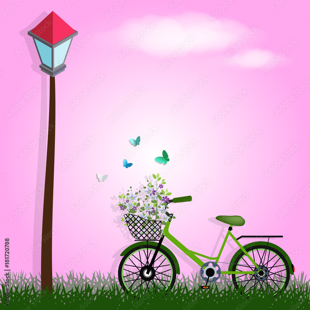 Bicycle with flowers basket and butterflies on pink background, vector eps10