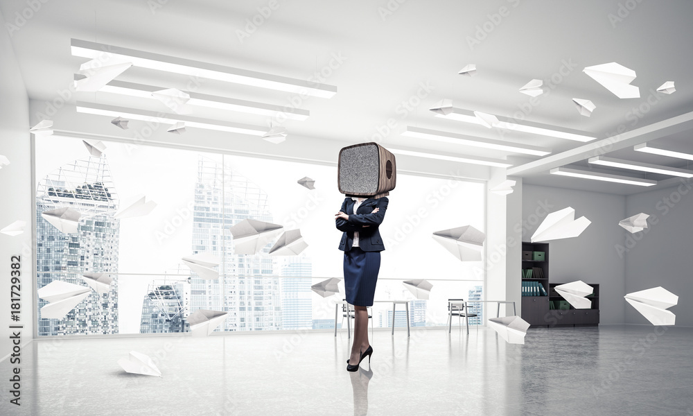 Business woman with an old TV instead of head.