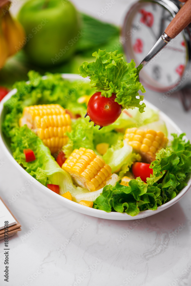 Healthy fitness meal with fresh salad. Diet concept.