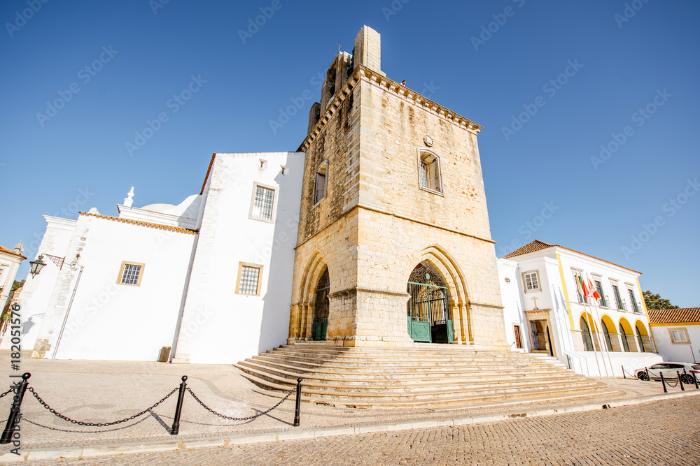 View on the central cathedral in Faro old town on the south of Portugal