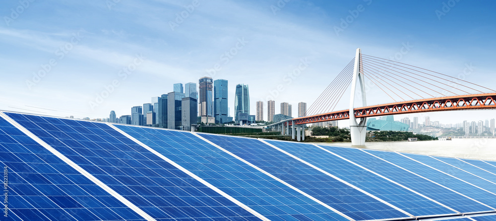 Photovoltaic and city skyline