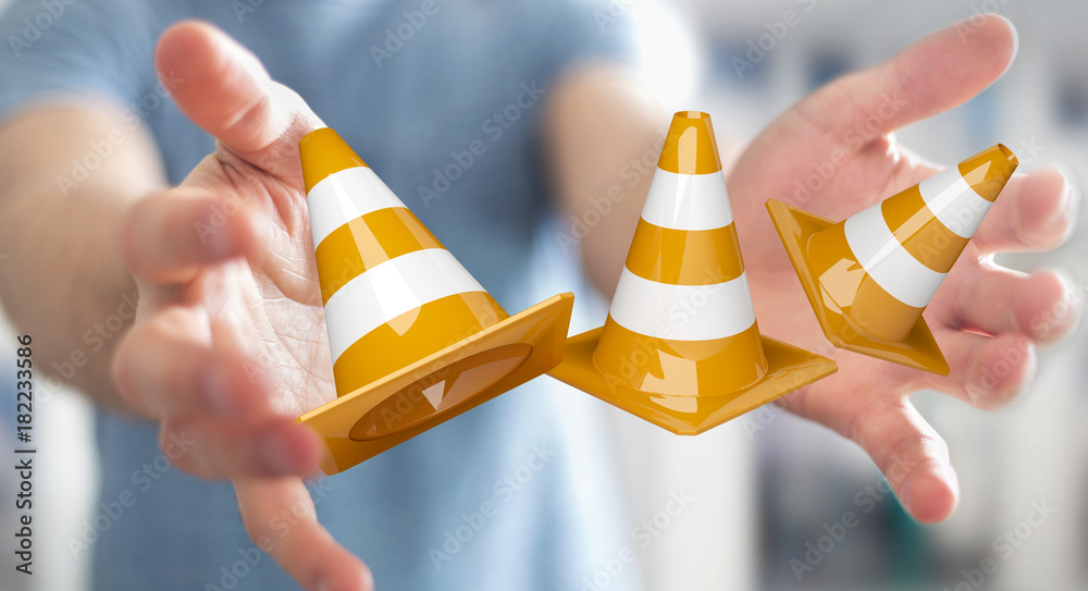 Businessman using digital 3D rendering under construction signs