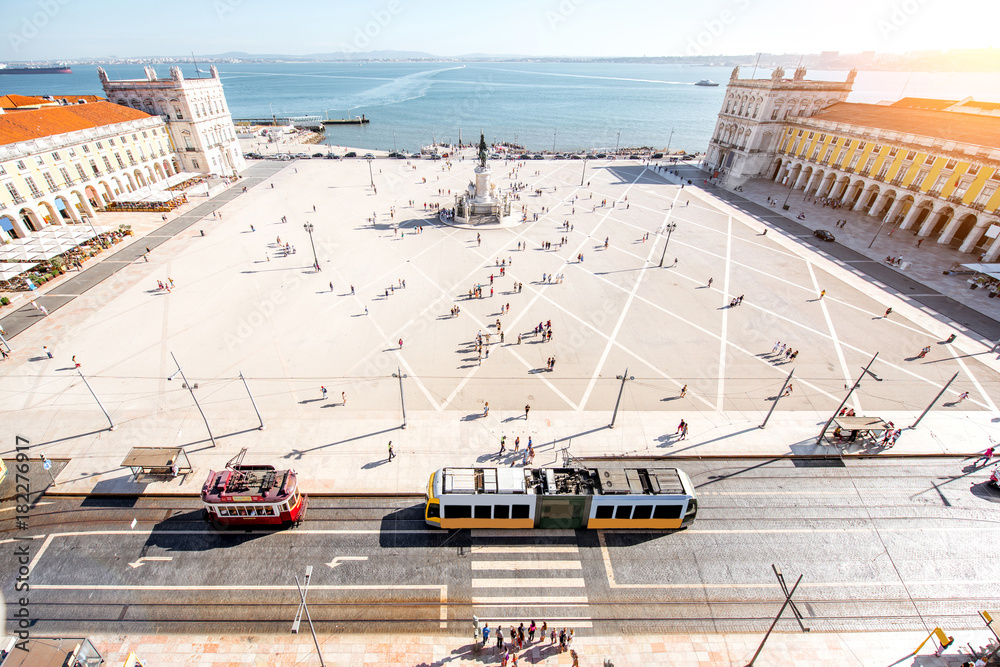 Top view on the Commerce square in the centre of Lisbon city during the sunny day in Portugal