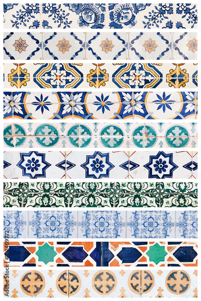 不同传统葡萄牙瓷砖的美丽拼贴，称为azulejos