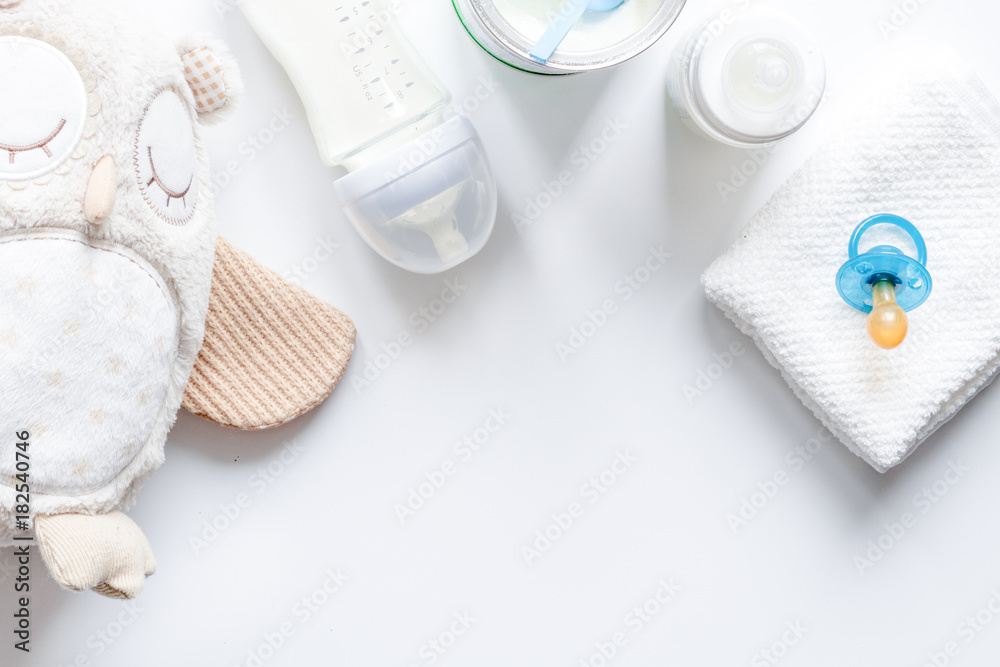 preparation of mixture baby feeding on white background top view