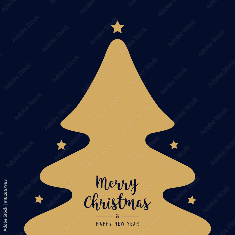 christmas tree silhouette stars golden greetings text blue background