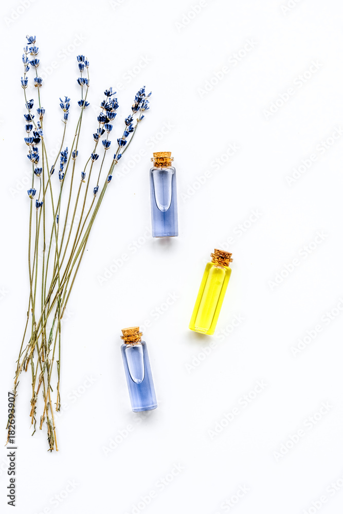 cosmetics with lavender on white background top view