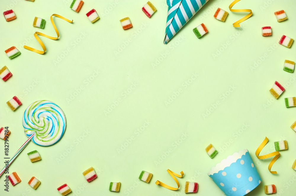 Birthday Concept - Holiday Top View Various Sweet Candy on White Background. Fun Decoration. Minimal