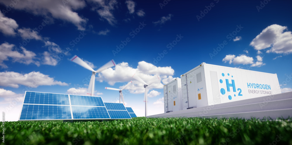 Ecology energy solution. Power to gas concept. Hydrogen energy storage with renewable energy sources