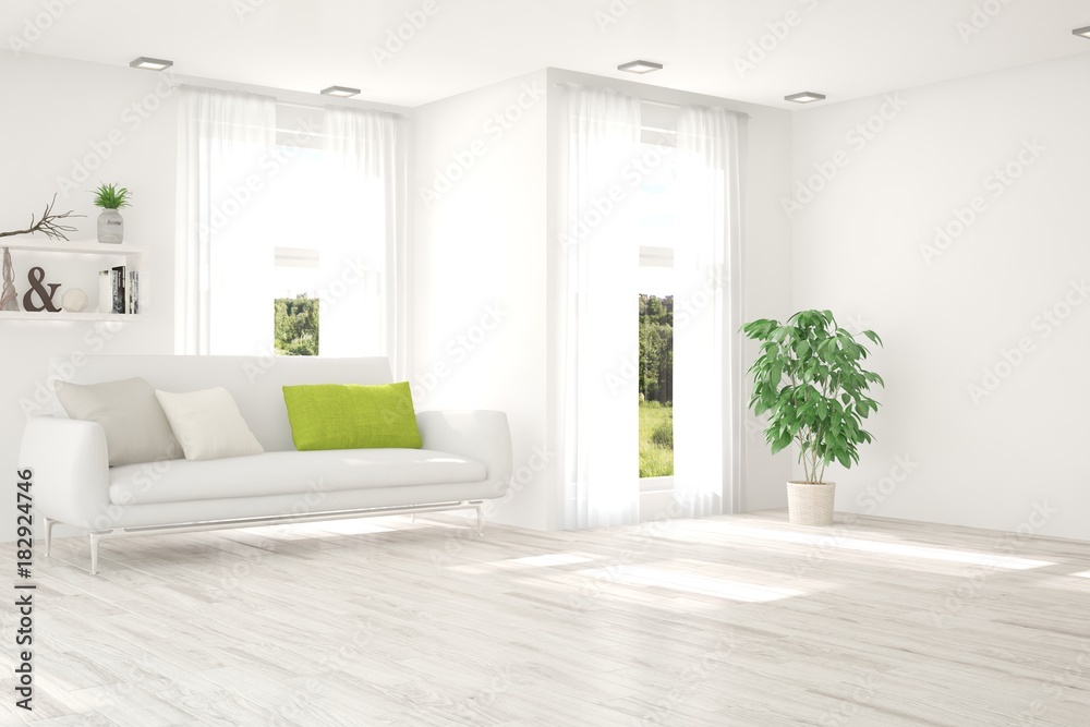 Idea of white room with sofa and summer landscape in window. Scandinavian interior design. 3D illust