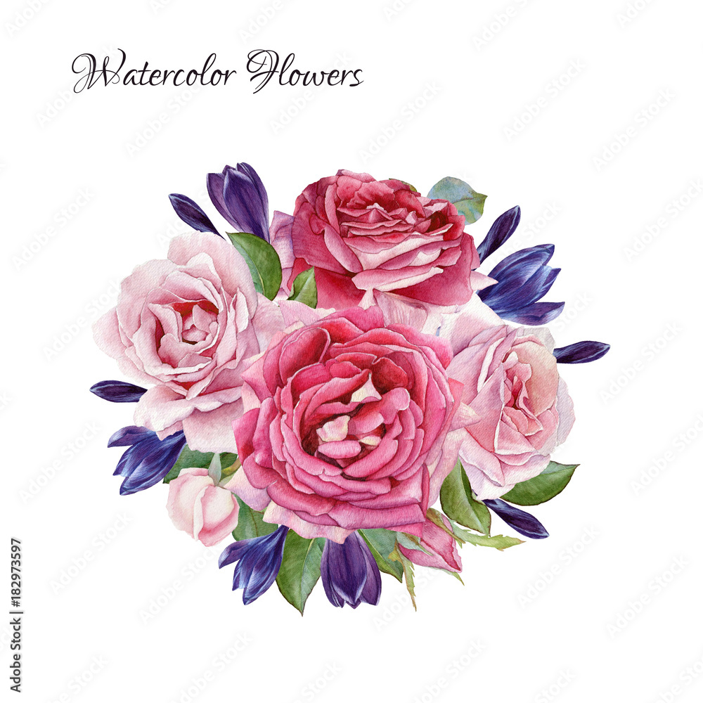 Floral card. Bouquet of watercolor roses and crocuses. Illustration