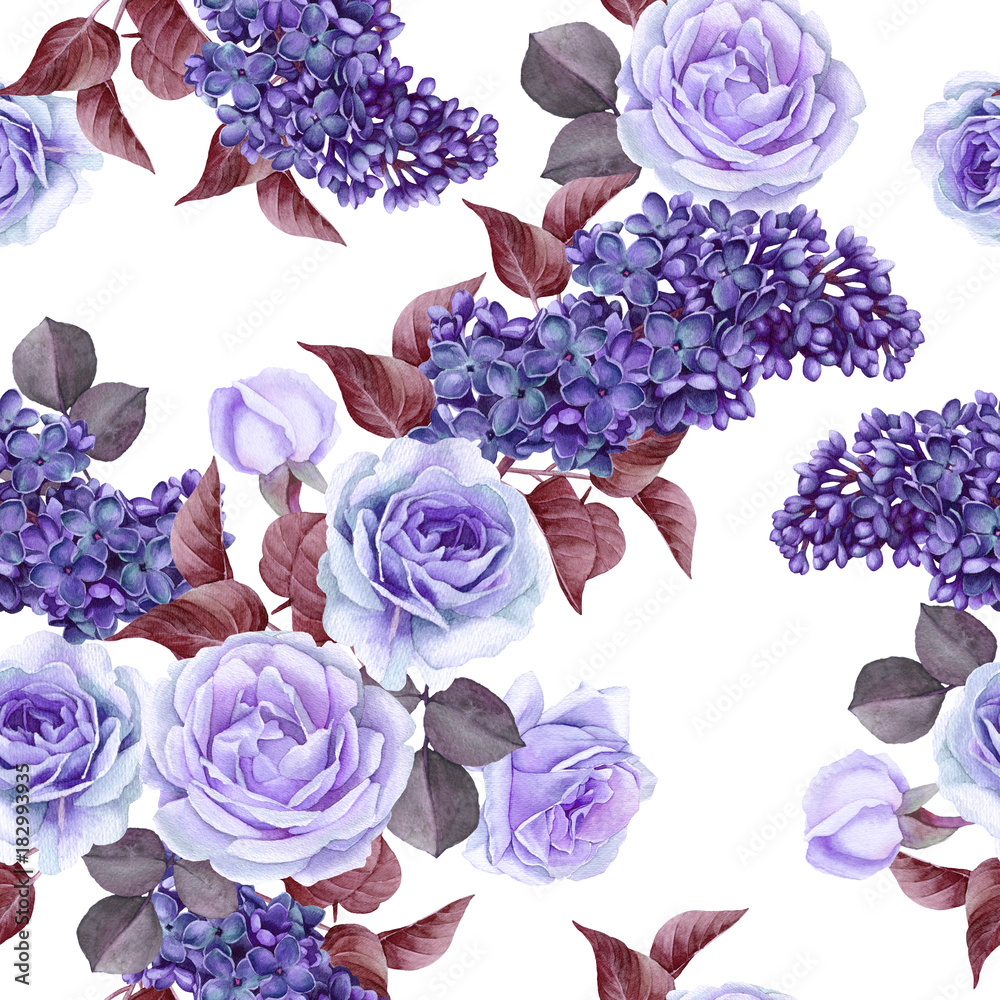 Floral seamless pattern with watercolor lilac and roses