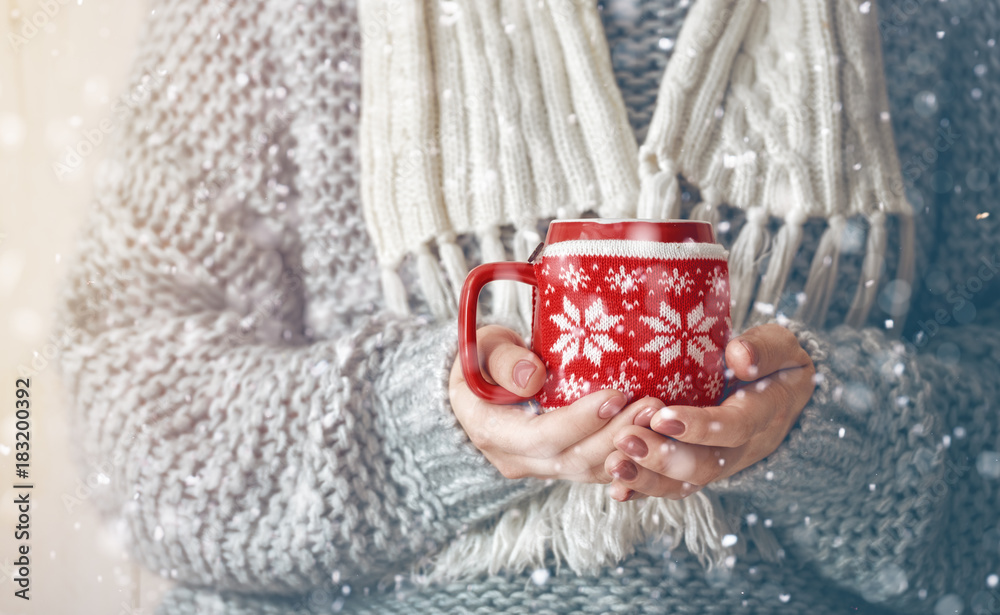 mug in hands on snowy background