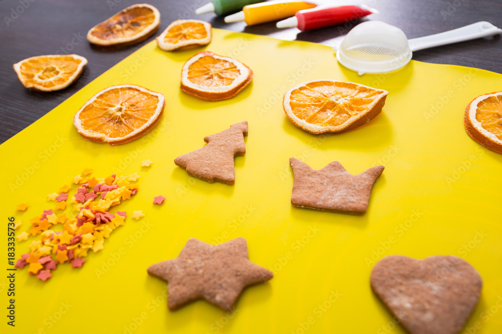 Gingerbread cookies with icing decorations for Christmas