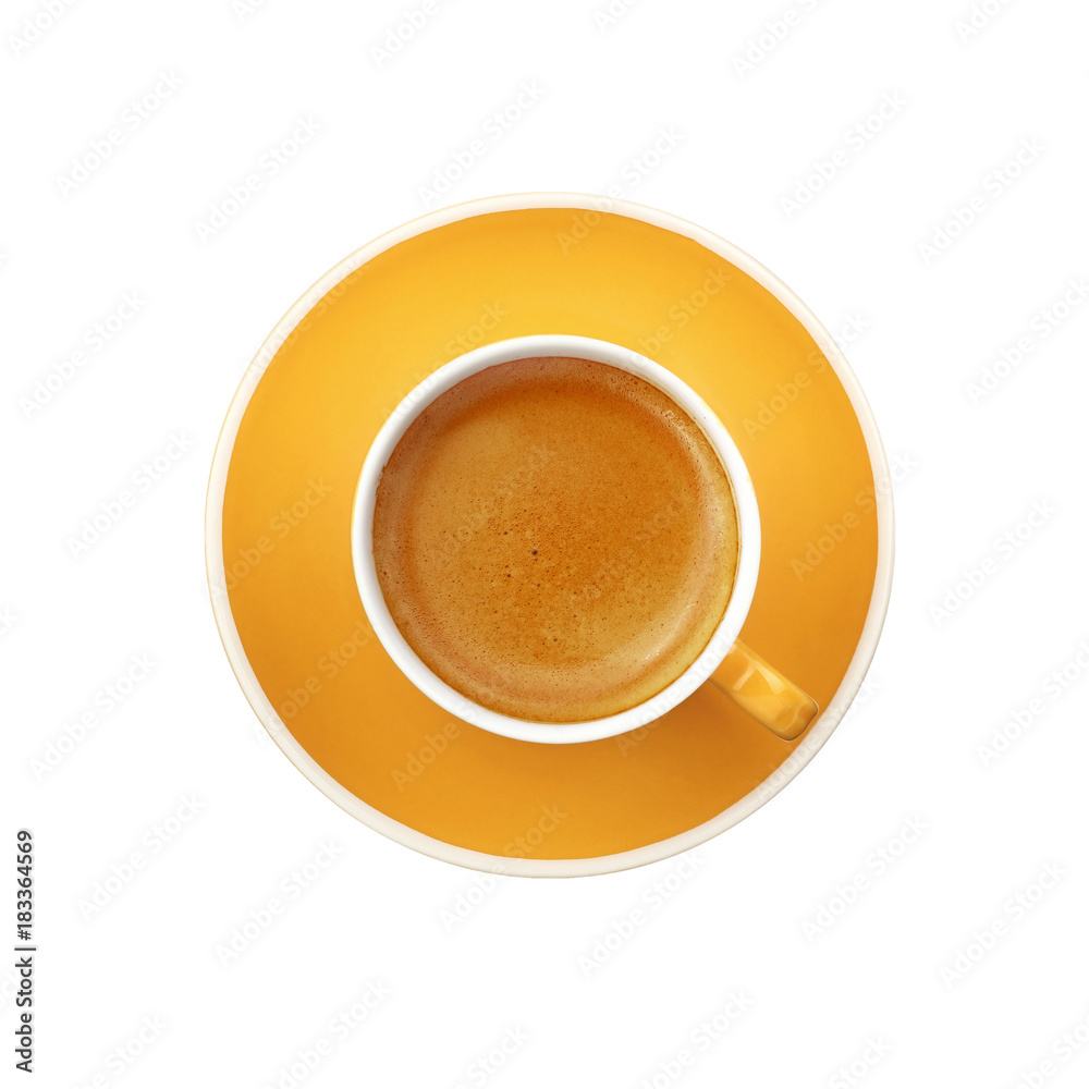 Espresso yellow cup and saucer isolated on white