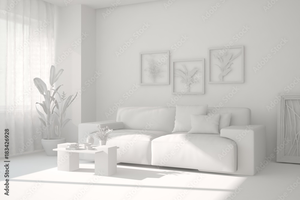 White room with sofa. Scandinavian interior design. 3D illustration