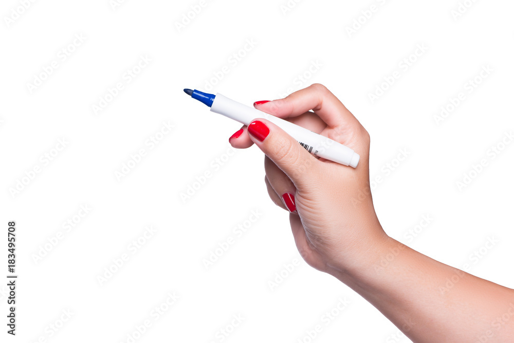 Female hand is ready for drawing with black marker isolated on white.