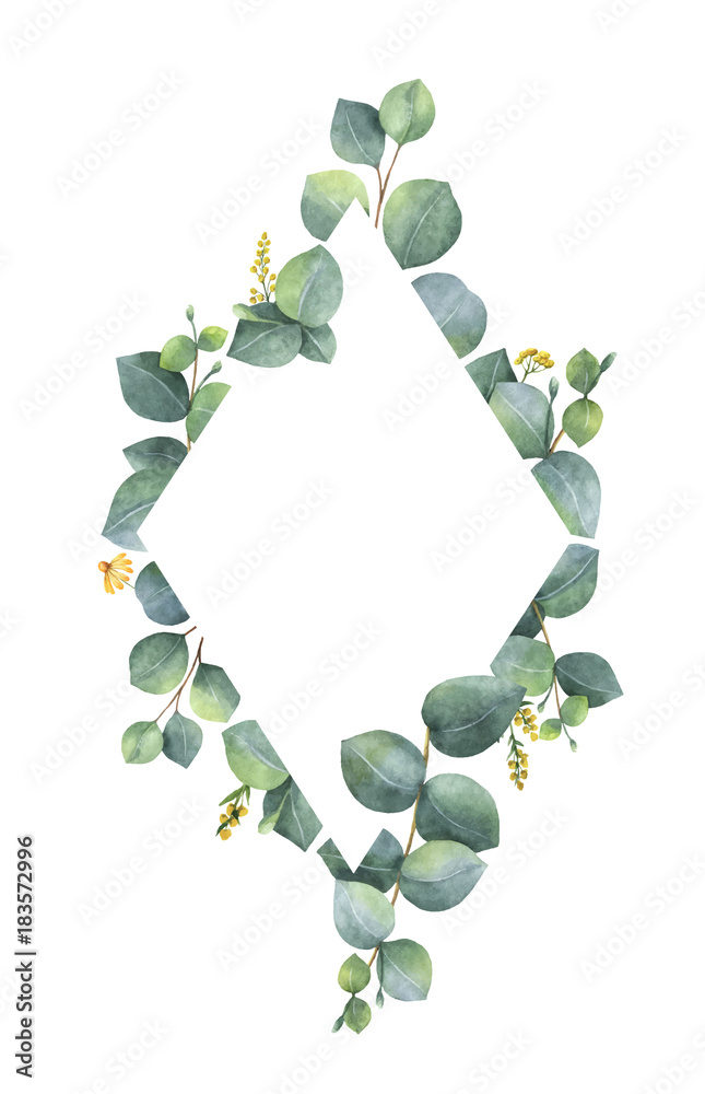 Watercolor vector frame with green eucalyptus leaves and branches.